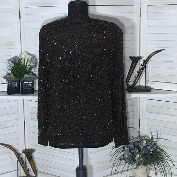 Vintage 90s 100% Silk Gold Beaded Sequin Brown Blazer Blouse Size Small - Picture 3 of 12